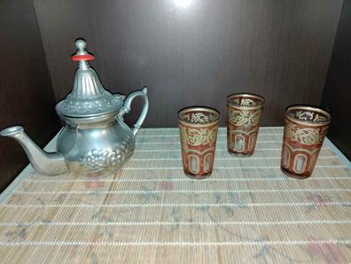 Kenta artesanias Juego de te marroquí Bandeja 25 cm + Tetera pequeña + 3  Vasos de Cristal