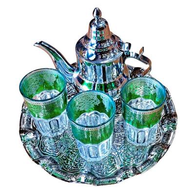 juego de te marroqui ; arabe 3 vasos de cristal,1 tetera, 1 bandeja  repujada de 25 cm de diametro. : : Hogar y cocina