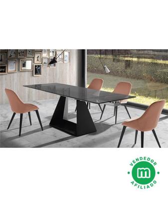 Mesa comedor con tapa de cristal y patas de madera color cristal  templado-madera Merkamueble