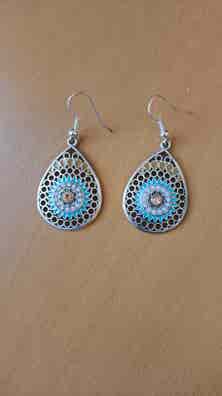 Boucles D'oreilles Artisanales En Bois Et Résine Turquoise - Fait Main, Laiton, Longues (neuf Sans étiquette)
