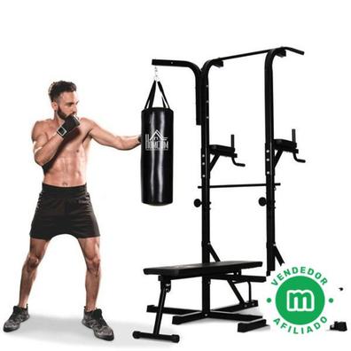 Banco de musculación con barra para espalda y torso con pesas hasta 45 Kg y  poleas para piernas de acero negro Homcom