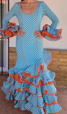 Vestido de Flamenca / Sevillana para Niña y Mujer Color Azul Lunares Negros