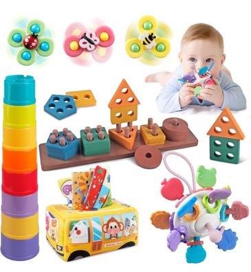  Montessori - Juguetes para bebés de 6 a 18 meses, mordedor,  bloques apilables, formas sensoriales y cubo de almacenamiento, diversión  para el baño infantil, regalos de juguete 4 en 1 para