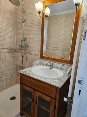 Mueble de baño estante de lavabo rosa de 120 cm con columna y cómoda.