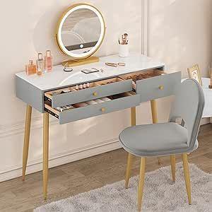 Mesa de tocador con espejo elevable y almacenamiento y silla