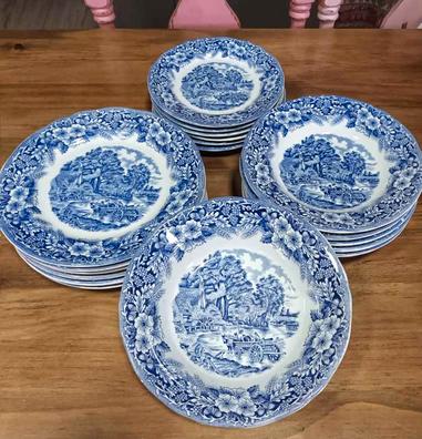 Trece platos llanos blancos y azules en porcelana bohemia