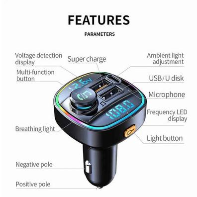 Comprar Reproductor Mp3 con luz ambiental para coche, Bluetooth, disco U,  cargador PD de música, carga rápida, receptor de llamadas manos libres,  transmisor FM