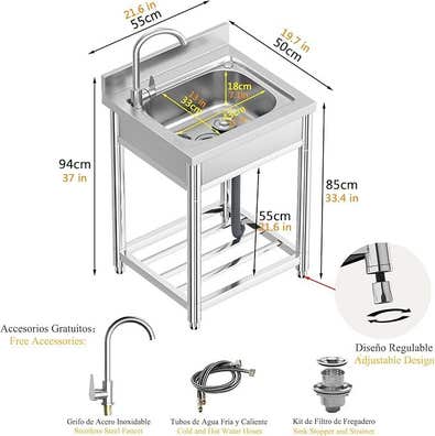Mueble Fregadero Independiente Acero Inoxidable Con Grifo Extraíble - Para Uso Interior Y Exterior, Comercial O Doméstico