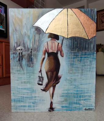 Lluvia y paraguas, cuadro original, Óleo sobre Tabla, comprar cuadros