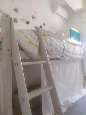 Haus cama alta con tobogán para colchón de 90x190 lacada en blanco y  natural