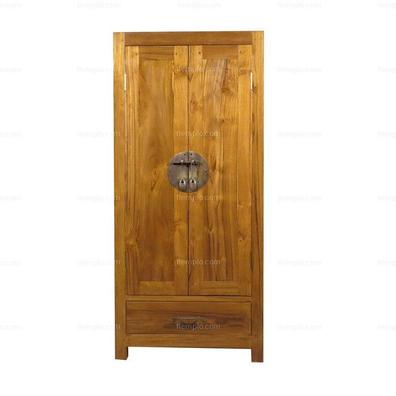 Armario 2 puertas (3 estantes) con cajón central y decoración superior en  madera de teca envejecida