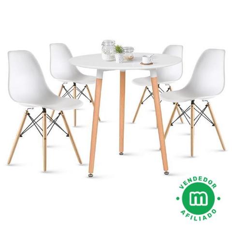 Conjunto comedor nórdico, mesa redonda, 4 sillas, patas madera