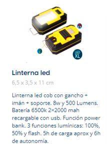 Linterna led cob 8w 500lm recargable con usb. con gancho + iman + soporte.  funcion power bank. incluye cable de carga. edm